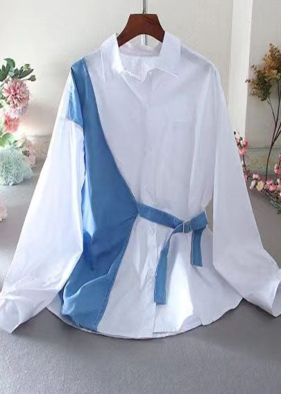 Diy White Patchwork Denim Cotton Fake Two Piece Blouse Tops Spring