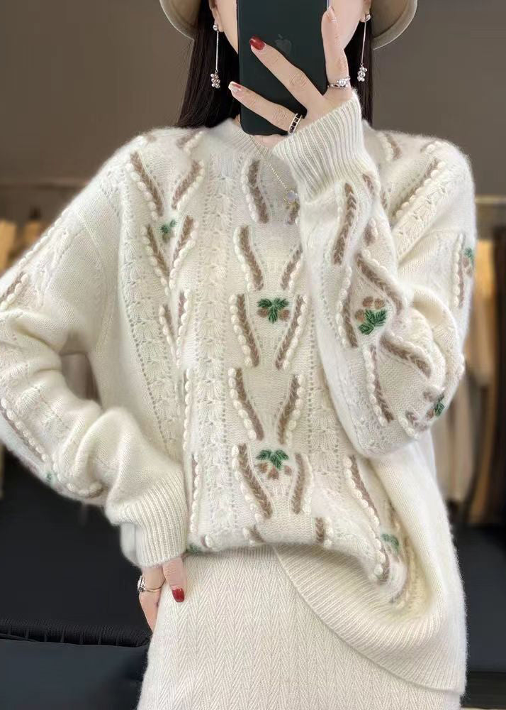 Beige O Neck Hollow Out Cozy Wool Sweaters Spring