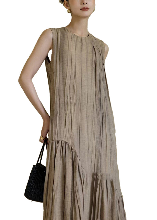 New Khaki Wrinkled Patchwork Cotton Long Dresses Sleeveless