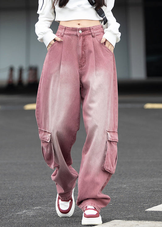 Pockets Patchwork Denim Wide Leg Pants Fall
