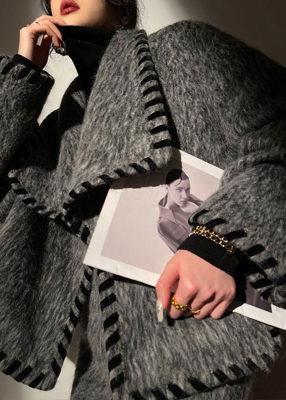Loose Grey Pockets Patchwork Coat and Skirts Wool Two Pieces Set Long Sleeve