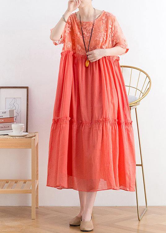 Summer French Orange Patchwork O-neck Cotton Long Dresses