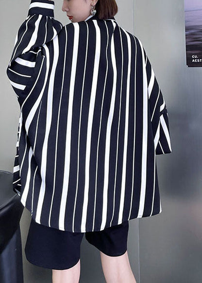 Unique Black White Striped Asymmetrical Design Fall Blouses Long Sleeve