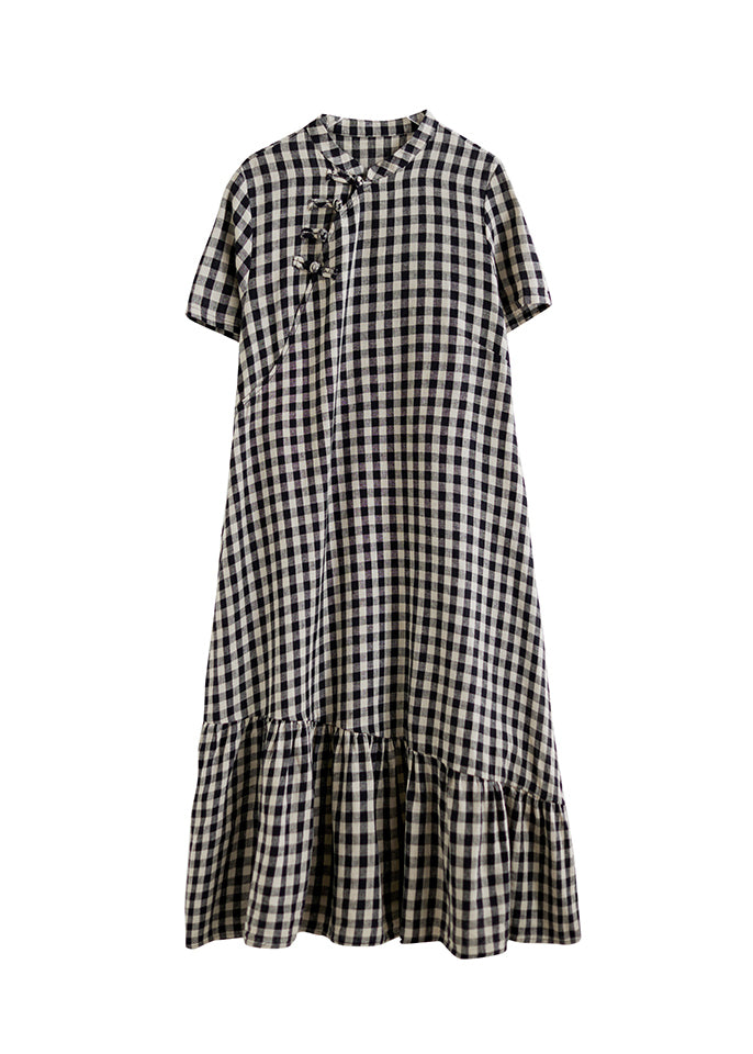 Big Plaid Stand Collar Patchwork Cotton Dress Summer