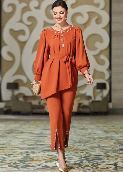 Modern Orange O-neck Asymmetrical Top and Crop Pants Two Piece Set Fall