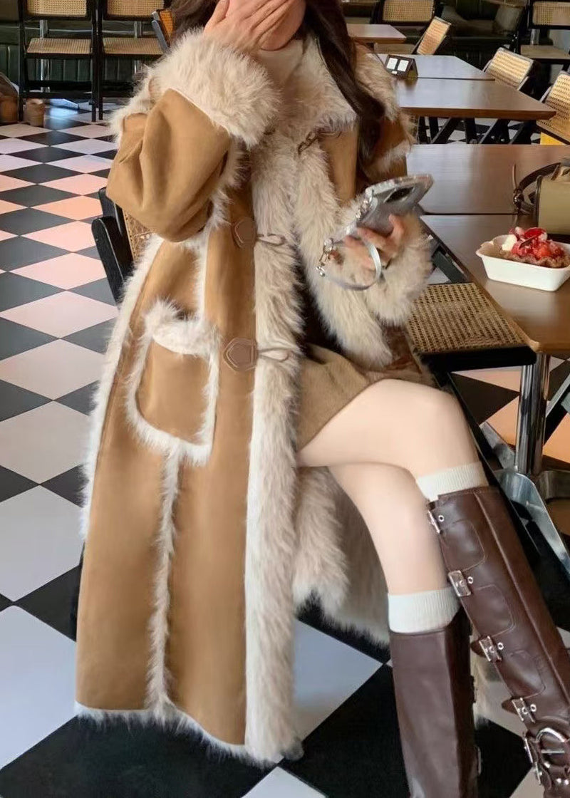 Stylish Khaki Pockets Patchwork Leather and Fur Warm Fleece Coat Winter
