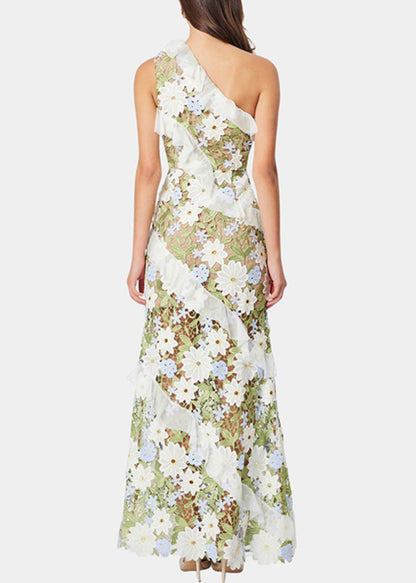 Art Green Embroidered Ruffled Long Dresses Sleeveless