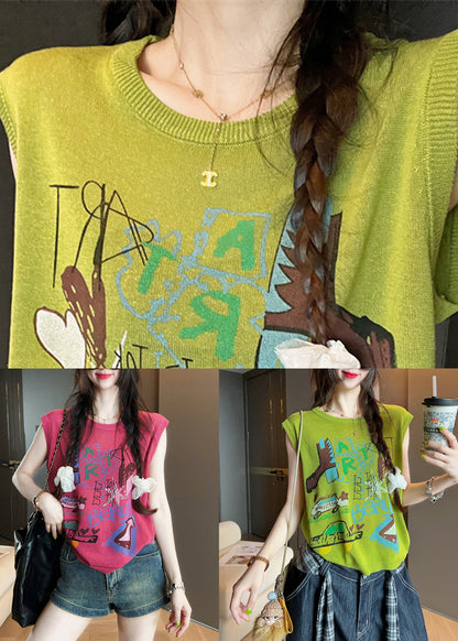 Art Green O Neck Print Cotton Tank Sleeveless