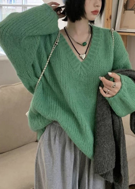 Green V Neck Cotton Knit Sweaters Long Sleeve