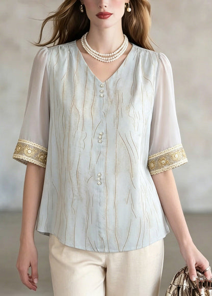 Blue V Neck Patchwork Shirt Summer