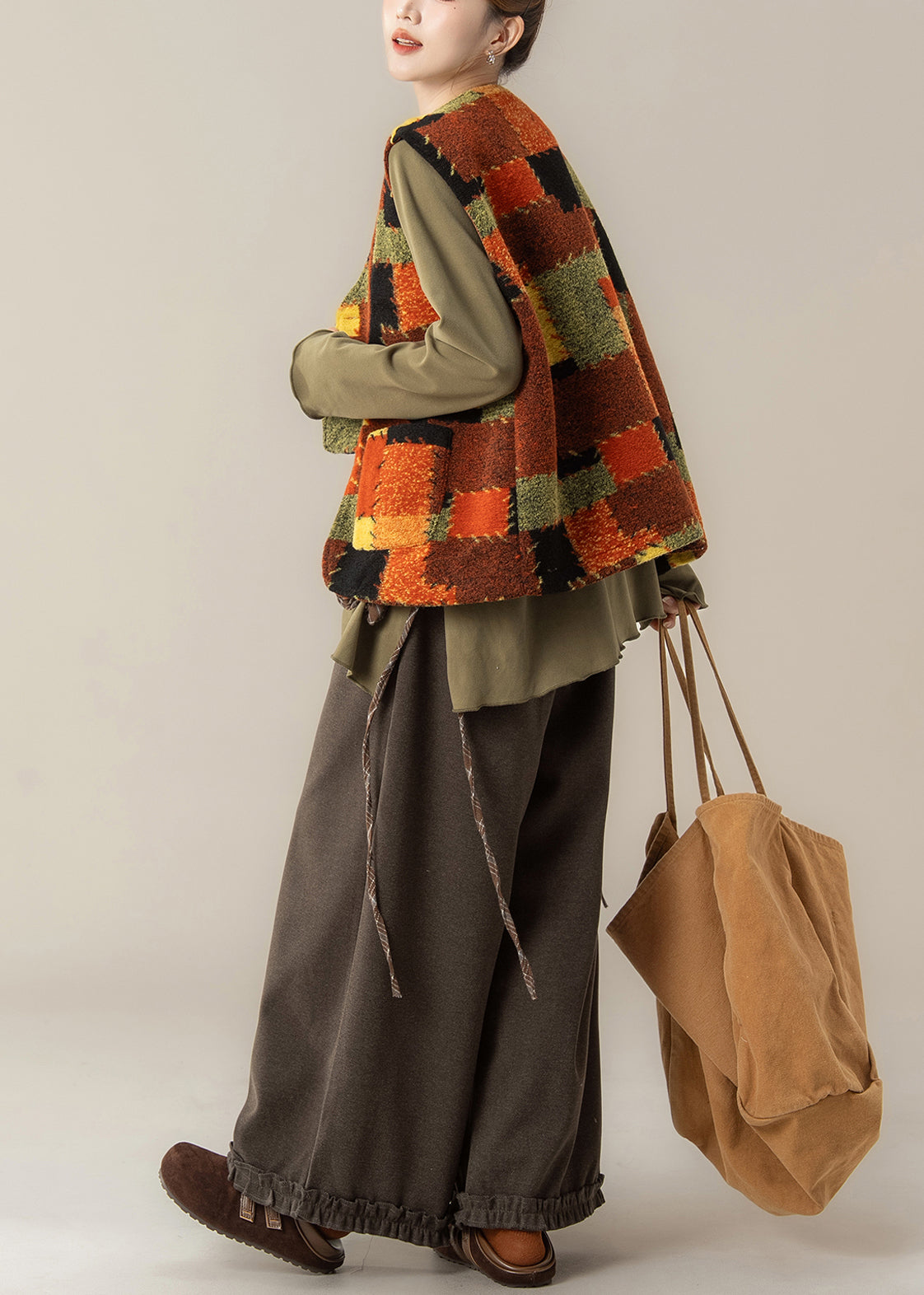 V Neck Patchwork Waistcoat ,top and Pants Three Pieces Set Spring