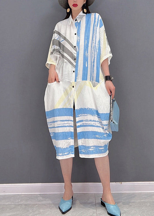 Peter Pan Collar Striped Patchwork Button Pockets Dress Half Sleeve
