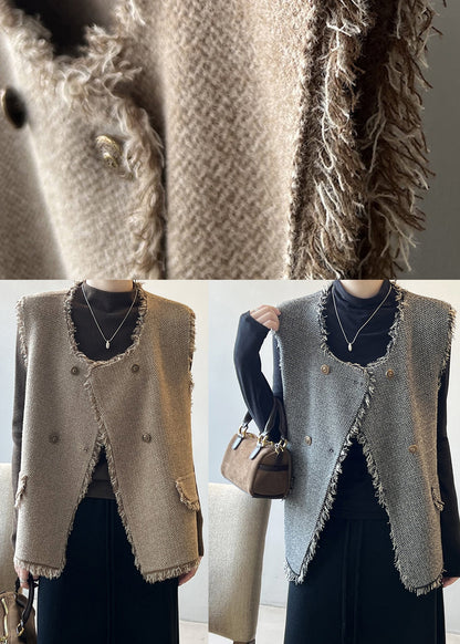 Grey Tasseled Double Breast Knit Vest Sleeveless