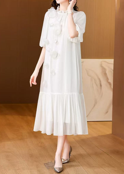 White Ruffled Silk Long Dress Summer