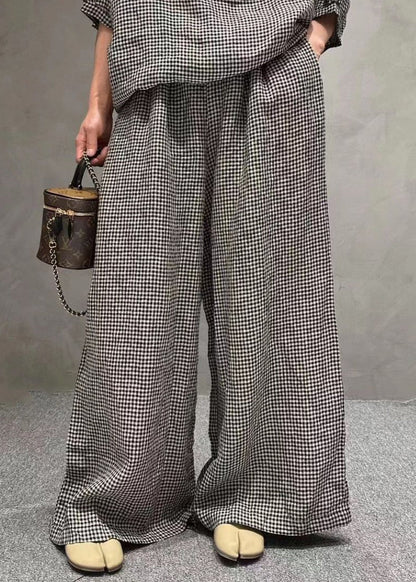 French Small Plaid O-neck Pockets Cotton Two Pieces Set Half Sleeve