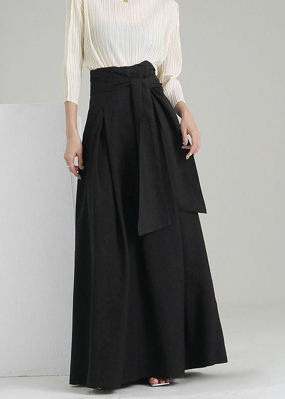 Black Tie Waist Wrinkled Maxi Skirts Spring