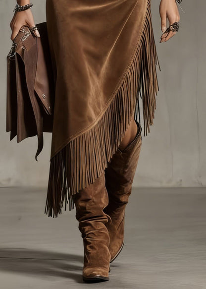 Chocolate Asymmetrical Tasseled High Waist Faux Suede Skirt Spring