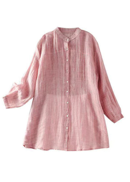 Pink Wrinkled Button Linen Shirt Spring
