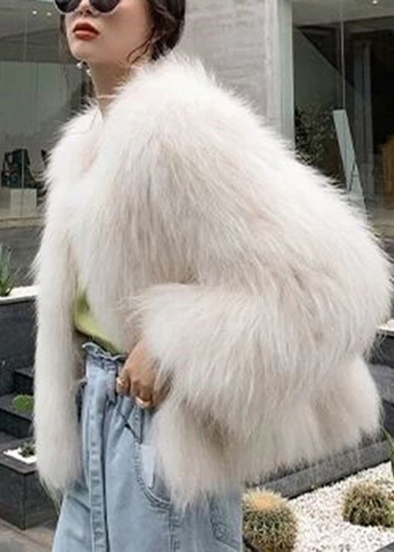 Brief White O-neck Leather and Furr Coats Long Sleeve