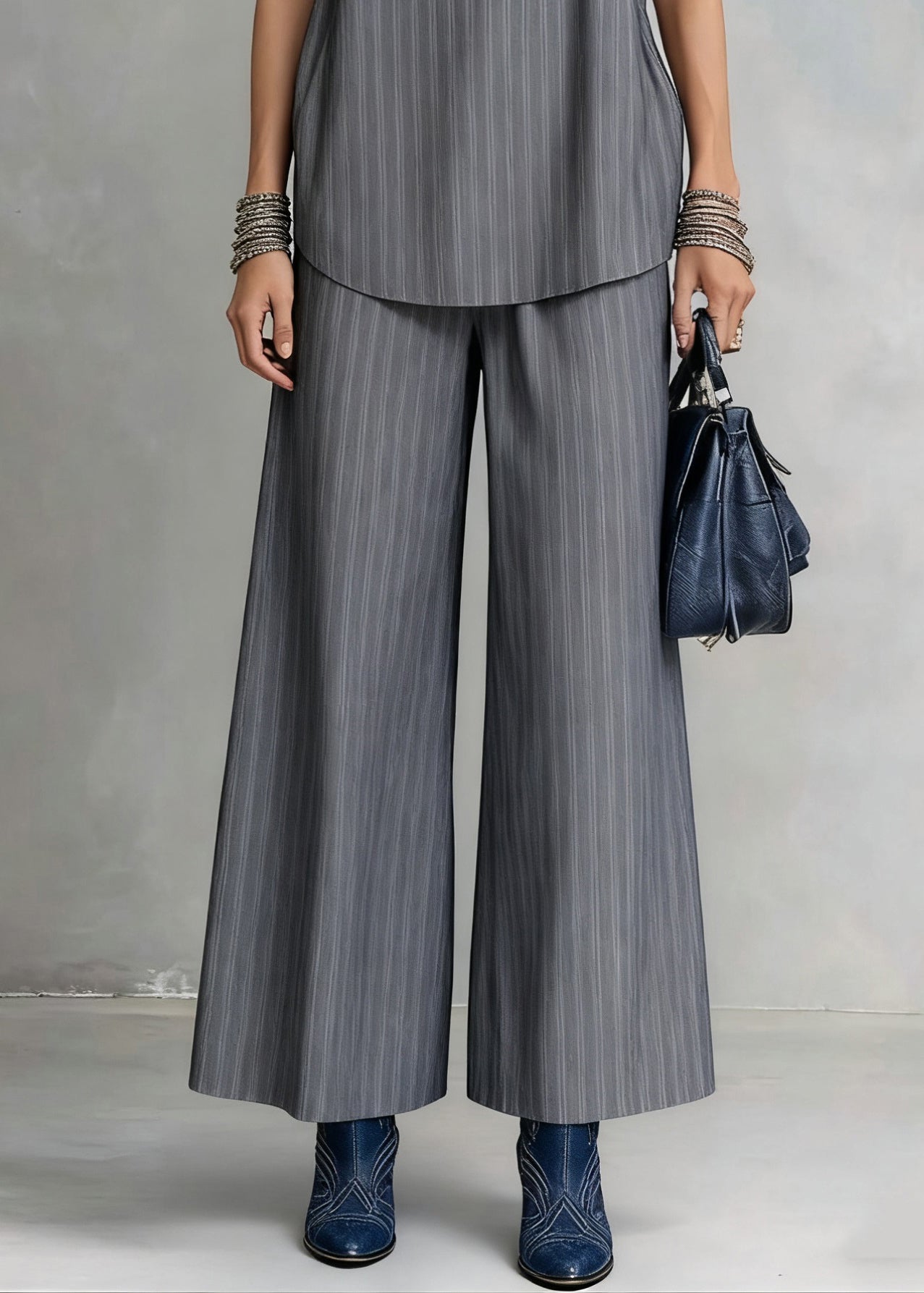 French Grey Striped Spaghetti Strap Tank and Wide Leg Pants Cotton Two Pieces Set Sleeveless