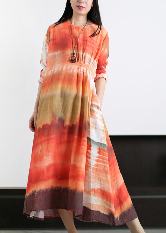 Orange O-neck Wrinkled Asymmetrical Linen Dress Long Sleeve