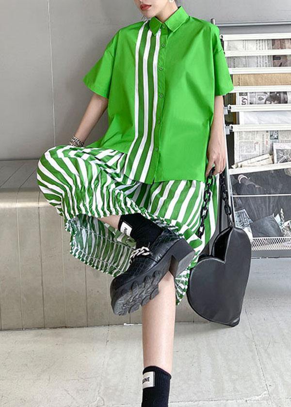 French Green Summer Asymmetrical Design Shirts Short Sleeve Two Piece Set