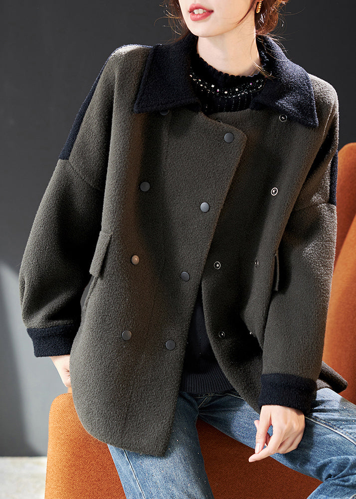 Army Green Double Breast Pockets Patchwork Woolen Coat Winter