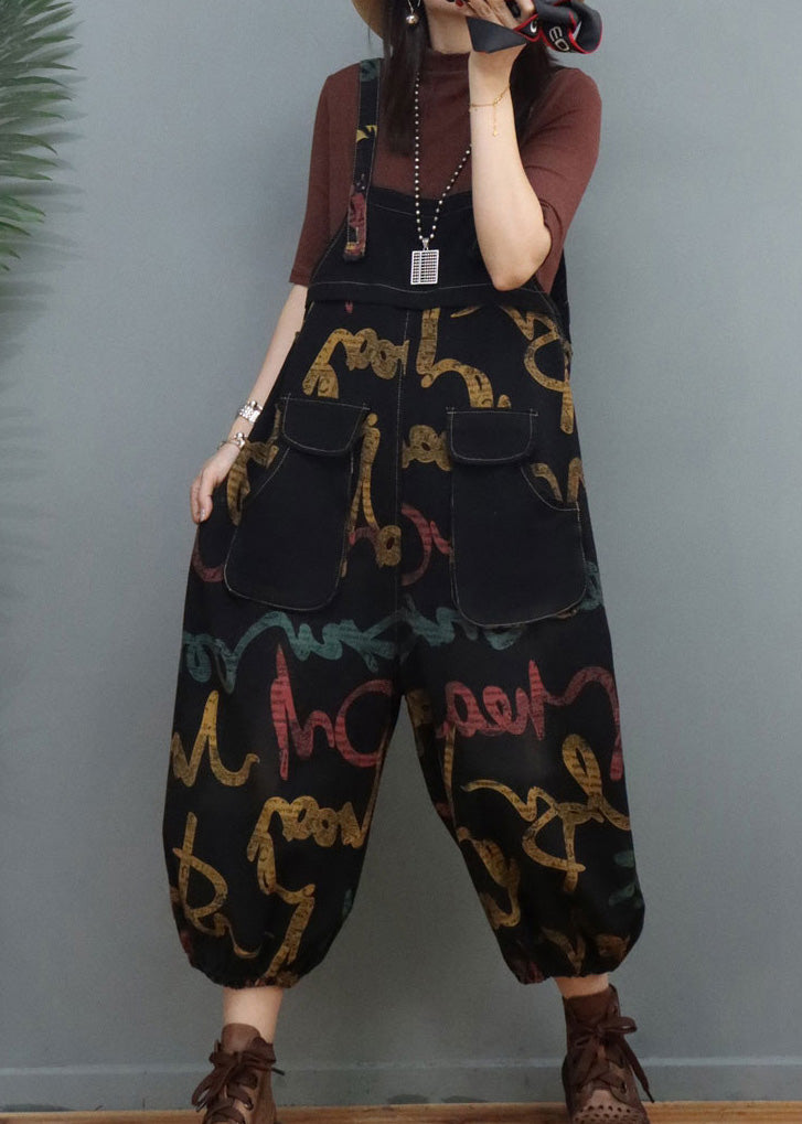 Graphic Print Patchwork Denim Lantern Jumpsuits Spring