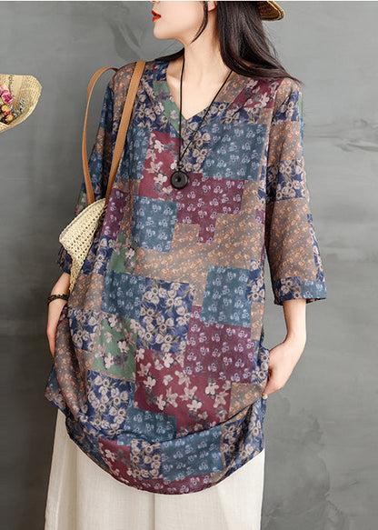 Colorblock V Neck Print Linen Mini Dress Summer