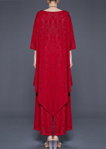 Red Asymmetrical Oversized Silk Two Pieces Set Summer