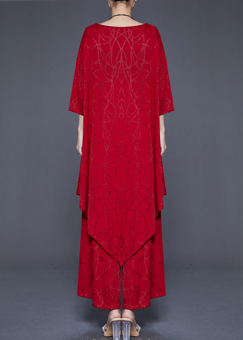 Red Asymmetrical Oversized Silk Two Pieces Set Summer