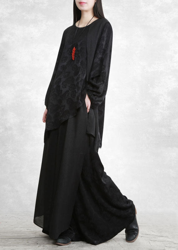 Black Asymmetrical Design Jacquard Silk Two Piece Set Spring