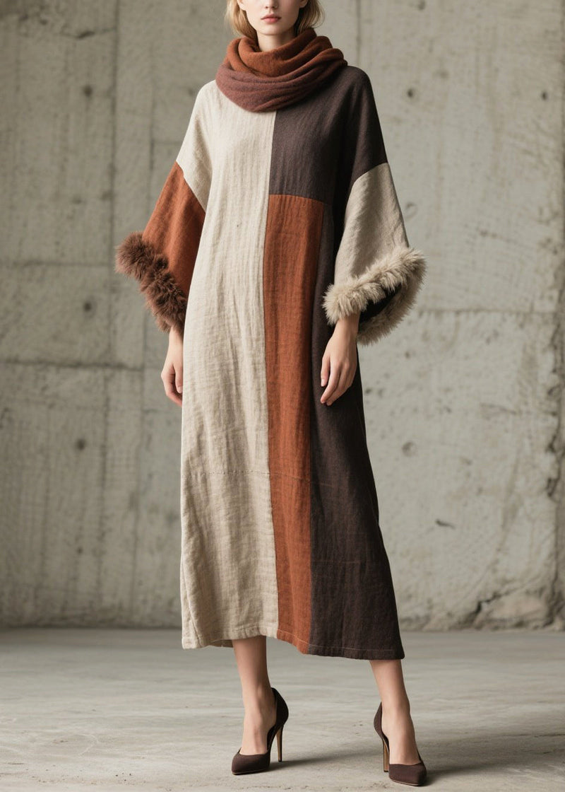 Mixed Color Oversized Patchwork Faux Fur Ankle Dress Flare Sleeve