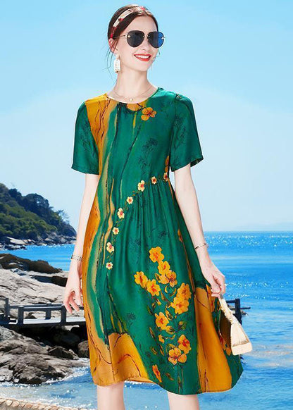 Green O-neck Wrinkled Print Draping Silk Party Dress Short Sleeve