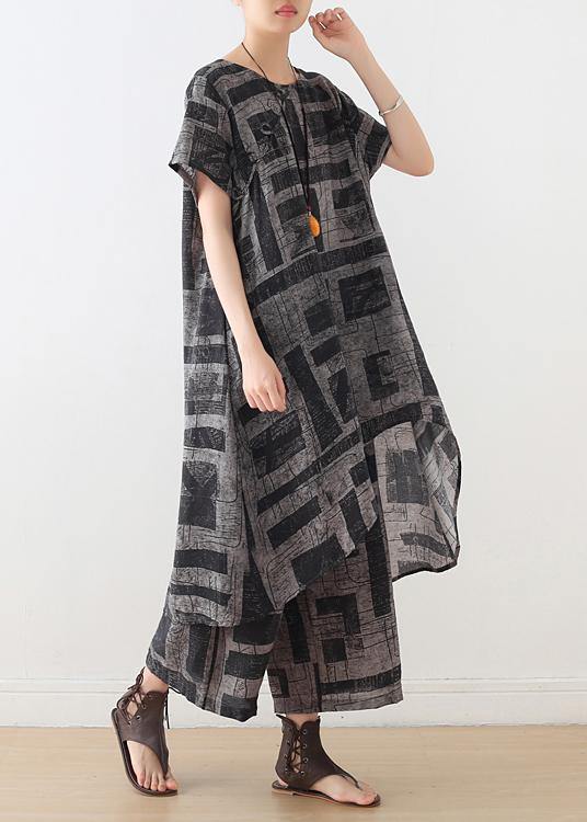 Gray Prints Chiffon Two Pieces Side Open Tops and Elastic Waist Wide Leg Pants