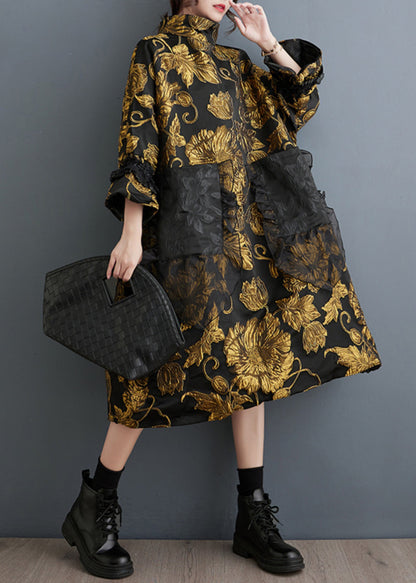 Black High Neck Jacquard Silk Holiday Dresses Spring