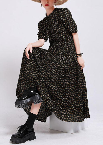 Black Print O-neck Circle Summer Party Dresses Half Sleeve