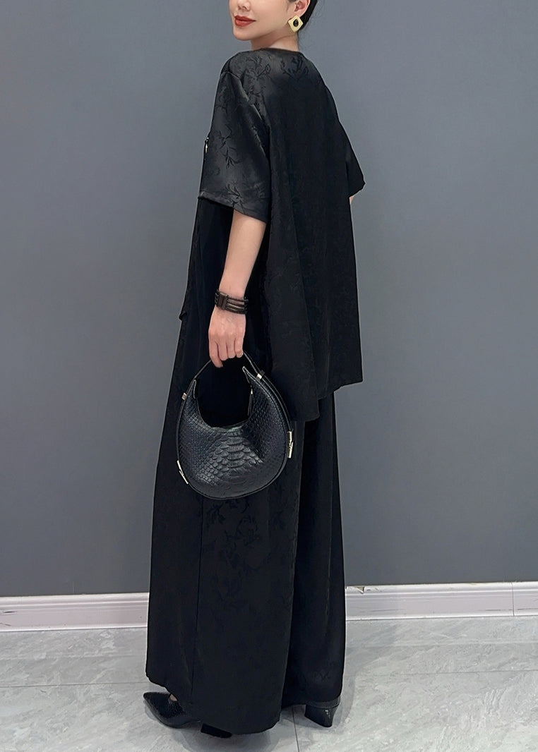 New Chinese Style Silk Jacquard Top and Wide Leg Pants Two Piece Set