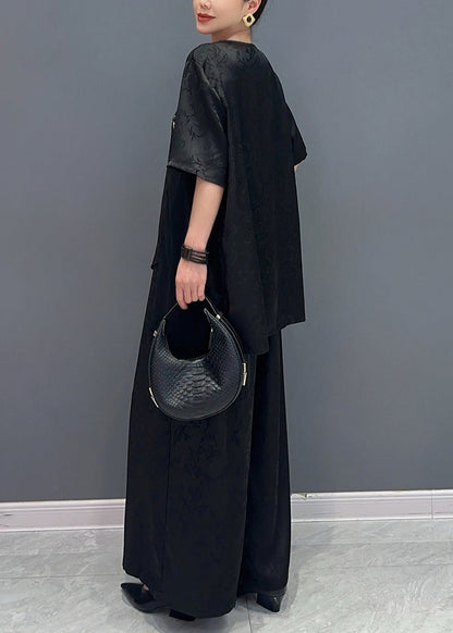 New Chinese Style Silk Jacquard Top and Wide Leg Pants Two Piece Set