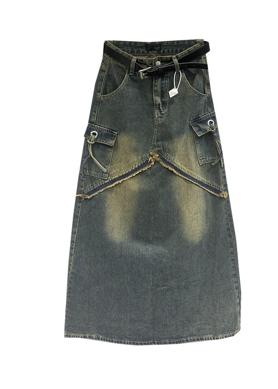 Fitted Blue High Waist Design Pockets Patchwork Denim Skirts Spring