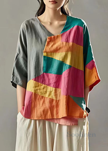 New Grey Asymmetrical Patchwork Linen T Shirts Summer