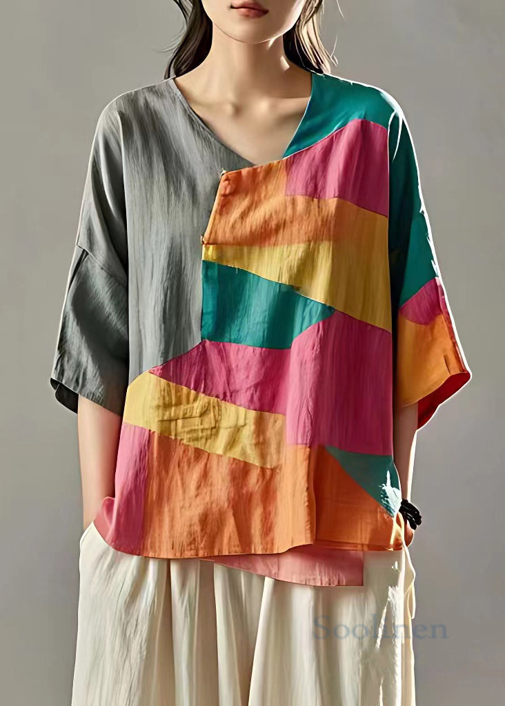 New Grey Asymmetrical Patchwork Linen T Shirts Summer
