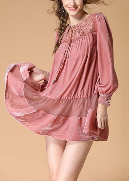Handmade Pink Embroideried Patchwork Wrinkled Fall Long Sleeve Dress