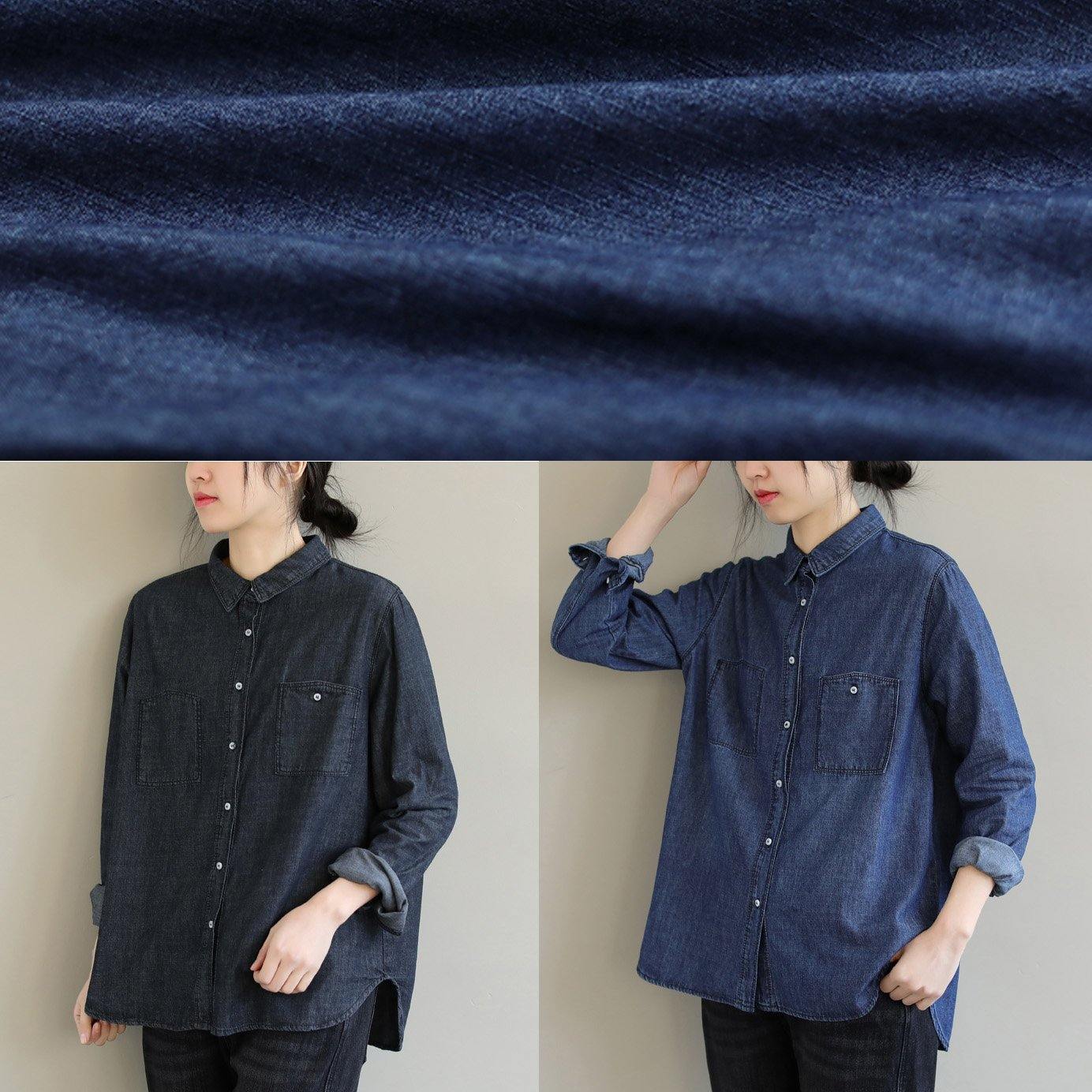 Diy Lapel Pockets Spring Clothes for Pattern Denim Blue Shirt