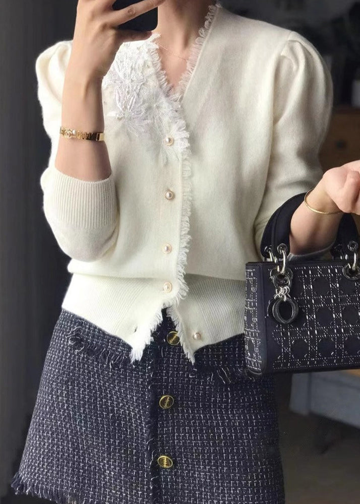 White V Neck Tasseled Embroidered Woolen Cardigan Fall