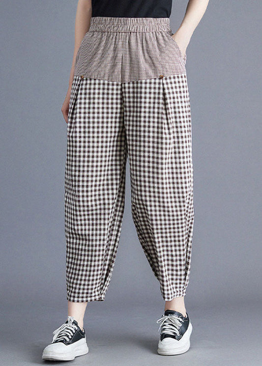 Khaki Plaid Elastic Waist Patchwork Linen Harem Pants Summer