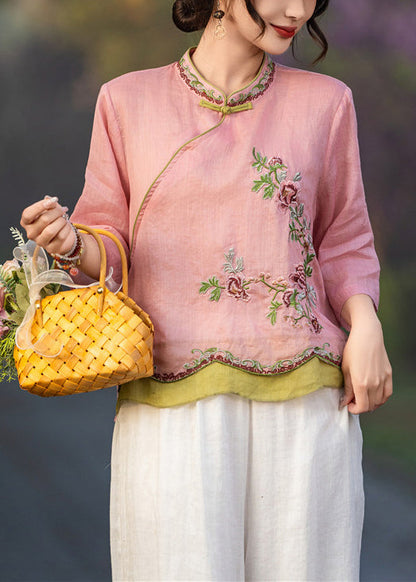 Pink Embroidered Button Linen Shirt Bracelet Sleeve