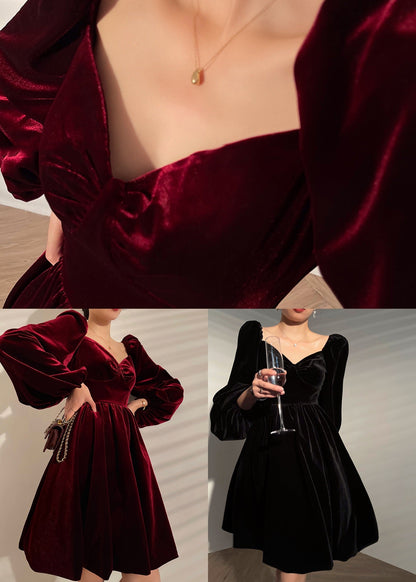French Black V Neck Color Velour Mid Dress Lantern Sleeve