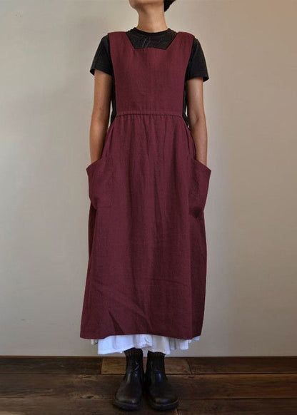 Handmade Black U Necku Neck Patchwork Pockets Cotton Maxi Dresses Summer