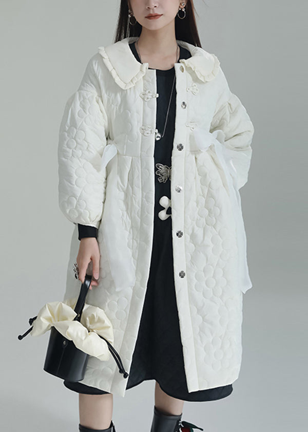 White Peter Pan Collar Pockets Fine Cotton Filled Witner Coat